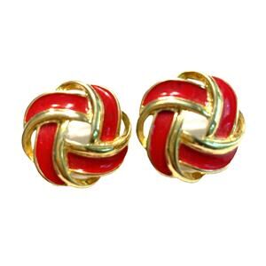 Pierced Earrings Gold & Red Enamel Infinity Knots Boss Lady Vintage 1980s Chic
